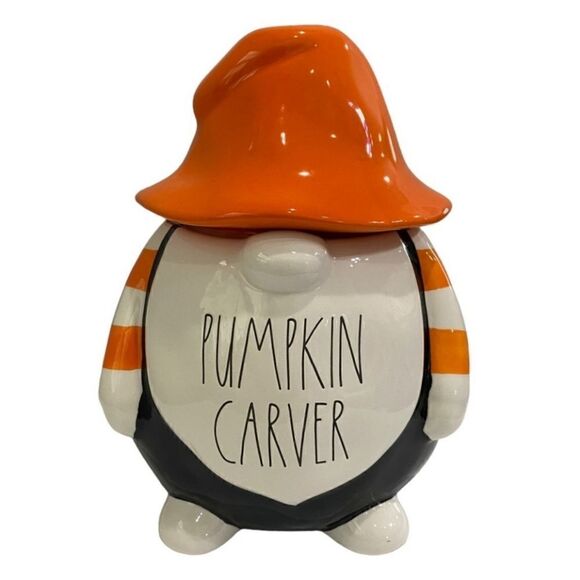 RAE DUNN 12" ceramic Pumpkin Carver Gnome Canister - Picture 1 of 4